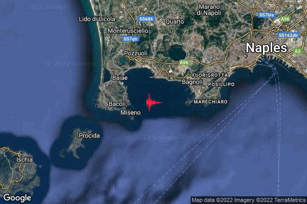 Debole Terremoto M2.7 epicentro Campi Flegrei alle 22:37:54 (21:37:54 UTC)