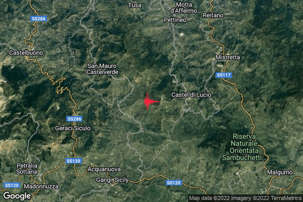 Debole Terremoto M2.5 epicentro 5 km W Castel di Lucio (ME) alle 15:09:20 (14:09:20 UTC)