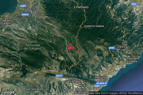 Debole Terremoto M2.3 epicentro 8 km N Monte Sant'Angelo (FG) alle 15:18:08 (14:18:08 UTC)