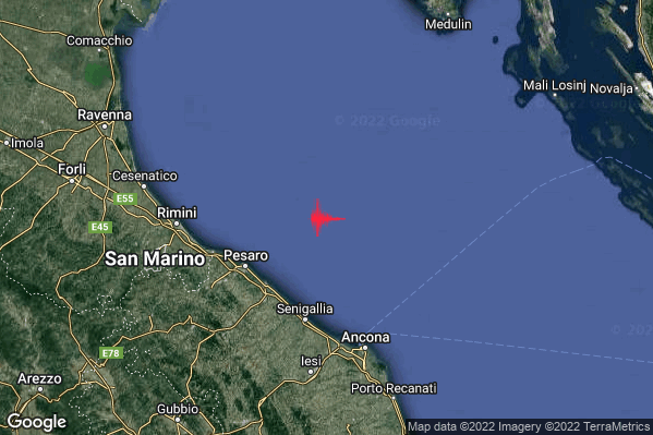 Debole Terremoto M2.7 epicentro Costa Marchigiana Pesarese (Pesaro-Urbino) alle 15:19:06 (14:19:06 UTC)