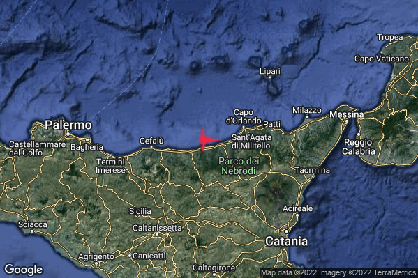 Lieve Terremoto M2.1 epicentro Costa Siciliana nord-orientale (Messina) alle 22:48:11 (21:48:11 UTC)