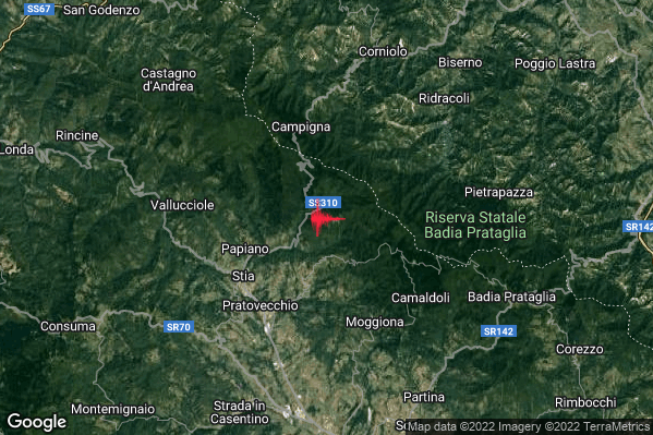 Debole Terremoto M2.4 epicentro 5 km NE Pratovecchio Stia (AR) alle 00:42:35 (23:42:35 UTC)