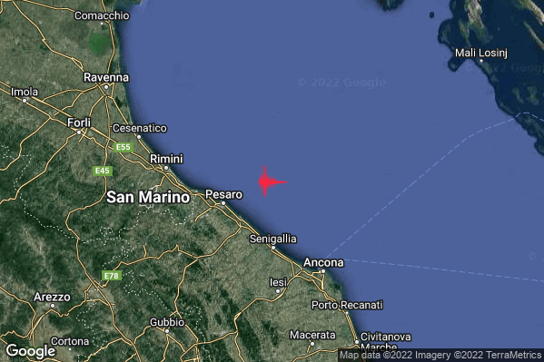 Lieve Terremoto M2.1 epicentro Costa Marchigiana Pesarese (Pesaro-Urbino) alle 18:16:22 (17:16:22 UTC)
