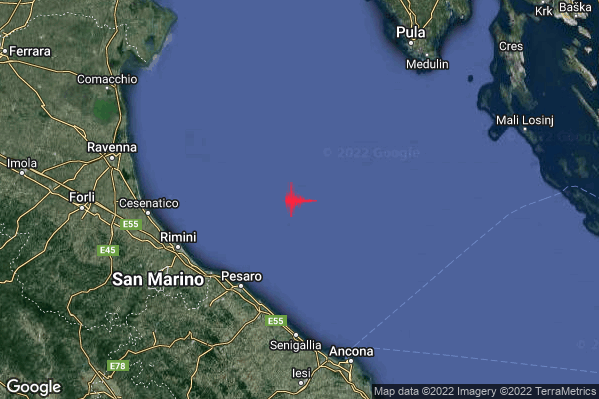 Lieve Terremoto M2.1 epicentro Adriatico Settentrionale (MARE) alle 19:49:09 (18:49:09 UTC)