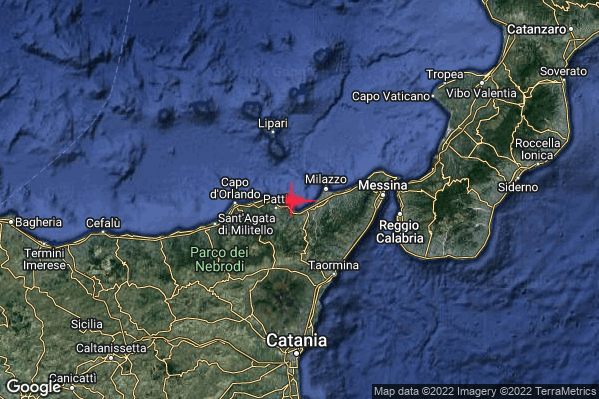 Leggero Terremoto M2.9 epicentro Costa Siciliana nord-orientale (Messina) alle 17:35:18 (16:35:18 UTC)