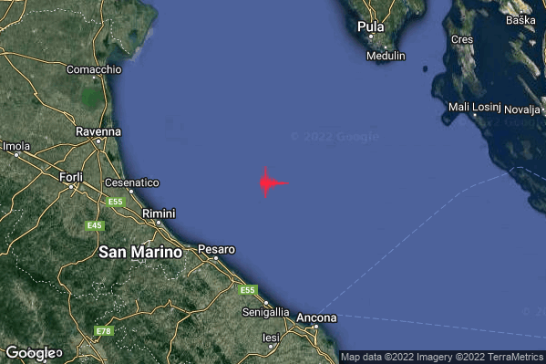 Leggero Terremoto M3.1 epicentro Adriatico Settentrionale (MARE) alle 04:26:16 (03:26:16 UTC)