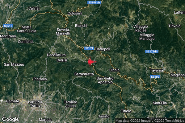 Lieve Terremoto M2.2 epicentro 3 km NE Serrastretta (CZ) alle 15:05:59 (14:05:59 UTC)