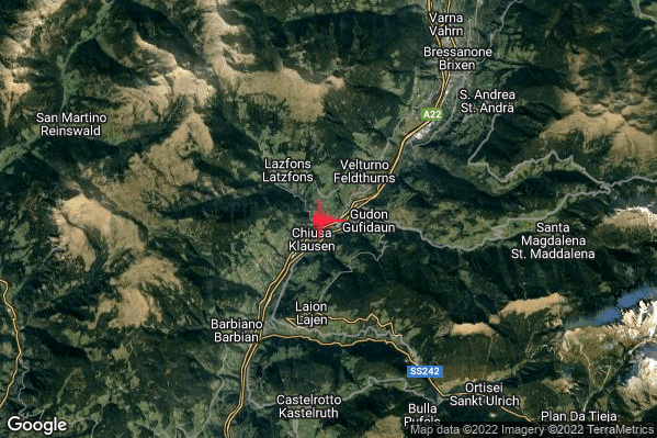 Lieve Terremoto M2.2 epicentro 1 km NE Chiusa (BZ) alle 04:03:59 (03:03:59 UTC)