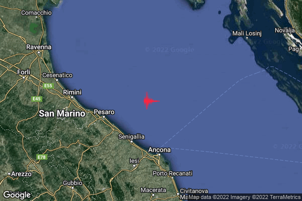 Debole Terremoto M2.5 epicentro Costa Marchigiana Pesarese (Pesaro-Urbino) alle 21:25:32 (20:25:32 UTC)