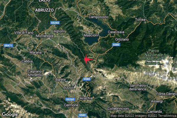 Lieve Terremoto M2.2 epicentro 5 km SE Capitignano (AQ) alle 05:16:56 (04:16:56 UTC)