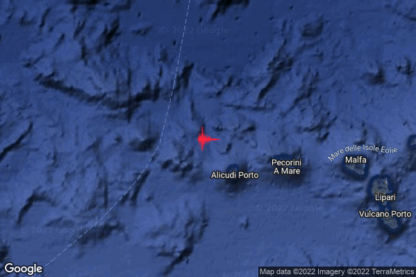 Debole Terremoto M2.5 epicentro Isole Eolie (Messina) alle 23:09:02 (22:09:02 UTC)