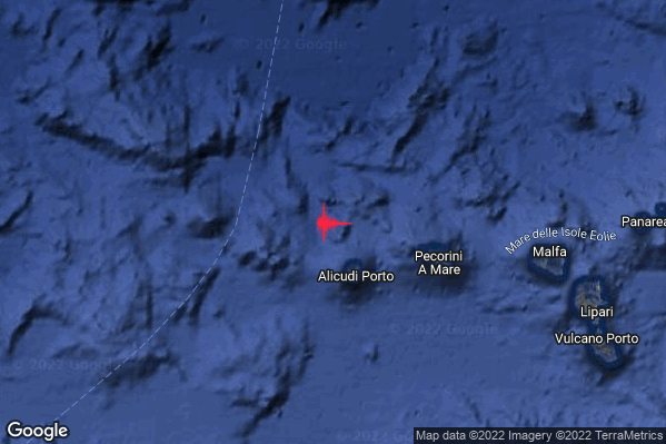Debole Terremoto M2.7 epicentro Isole Eolie (Messina) alle 05:22:16 (04:22:16 UTC)