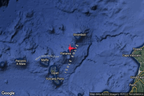 Debole Terremoto M2.5 epicentro Isole Eolie (Messina) alle 14:35:34 (13:35:34 UTC)