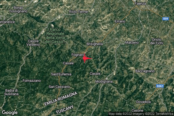 Lieve Terremoto M2.1 epicentro 3 km SW Brisighella (RA) alle 19:50:20 (18:50:20 UTC)