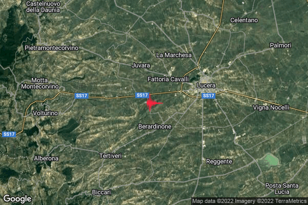 Debole Terremoto M2.5 epicentro 6 km W Lucera (FG) alle 23:10:00 (22:10:00 UTC)