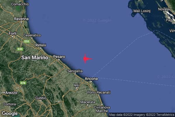 Leggero Terremoto M2.8 epicentro Costa Marchigiana Anconetana (Ancona) alle 00:16:36 (23:16:36 UTC)
