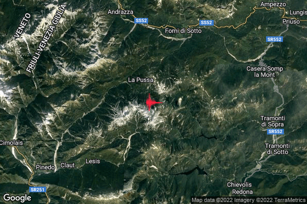 Leggero Terremoto M2.9 epicentro 8 km SW Forni di Sotto (UD) alle 02:42:17 (01:42:17 UTC)