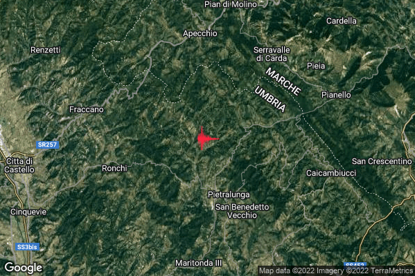 Lieve Terremoto M2.2 epicentro 5 km N Pietralunga (PG) alle 02:44:44 (01:44:44 UTC)