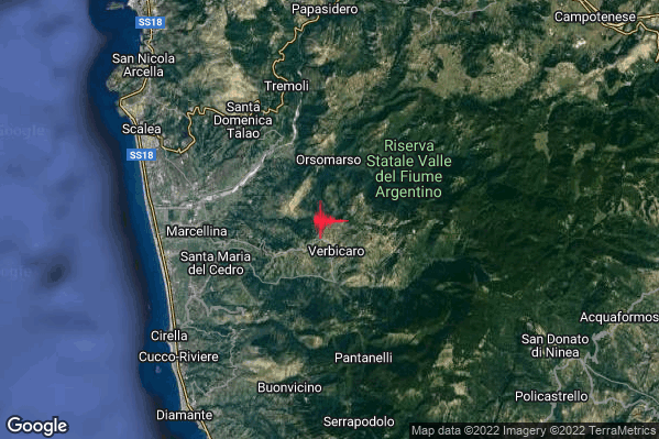 Leggero Terremoto M3.0 epicentro 2 km N Verbicaro (CS) alle 05:37:25 (04:37:25 UTC)