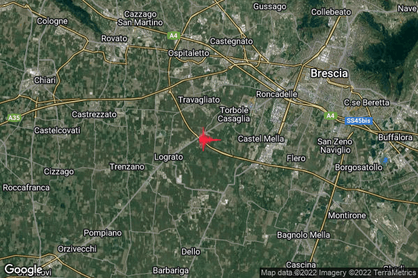 Lieve Terremoto M2.2 epicentro 2 km SW Torbole Casaglia (BS) alle 22:51:37 (21:51:37 UTC)