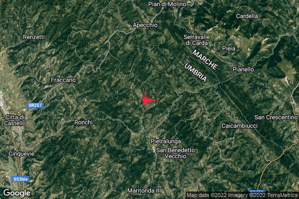 Lieve Terremoto M2.1 epicentro 5 km N Pietralunga (PG) alle 23:36:36 (22:36:36 UTC)
