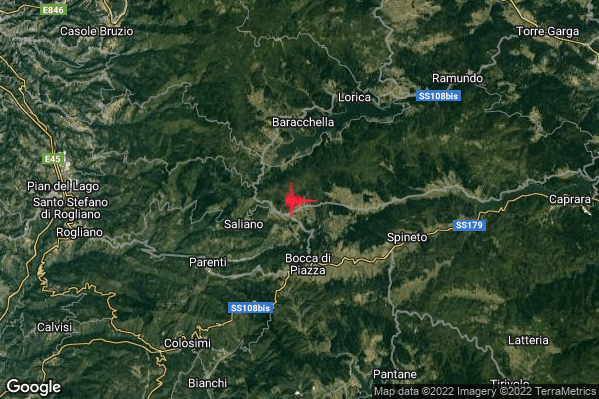 Leggero Terremoto M2.8 epicentro 6 km NE Parenti (CS) alle 20:02:43 (19:02:43 UTC)