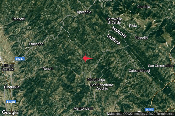 Debole Terremoto M2.7 epicentro 4 km N Pietralunga (PG) alle 22:15:15 (21:15:15 UTC)