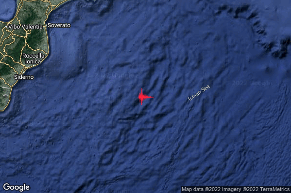 Debole Terremoto M2.7 epicentro Mar Ionio Settentrionale (MARE) alle 18:15:22 (17:15:22 UTC)