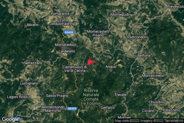 Lieve Terremoto M2.2 epicentro 3 km E Castelnuovo di Val di Cecina (PI) alle 07:21:51 (06:21:51 UTC)