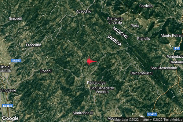 Moderato Terremoto M3.7 epicentro 4 km N Pietralunga (PG) alle 15:43:28 (14:43:28 UTC)