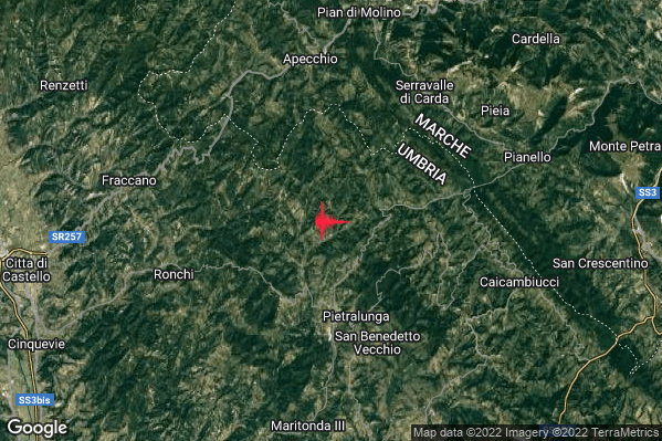 Lieve Terremoto M2.1 epicentro 5 km N Pietralunga (PG) alle 21:30:55 (20:30:55 UTC)