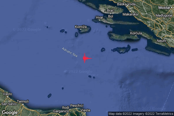 Debole Terremoto M2.6 epicentro Adriatico Centrale (MARE) alle 23:01:39 (22:01:39 UTC)