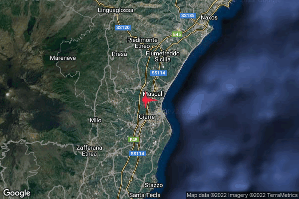 Debole Terremoto M2.5 epicentro 2 km SW Mascali (CT) alle 08:11:42 (07:11:42 UTC)