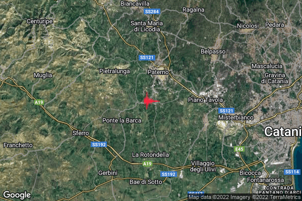 Debole Terremoto M2.5 epicentro 5 km S Paterno (CT) alle 04:02:56 (03:02:56 UTC)