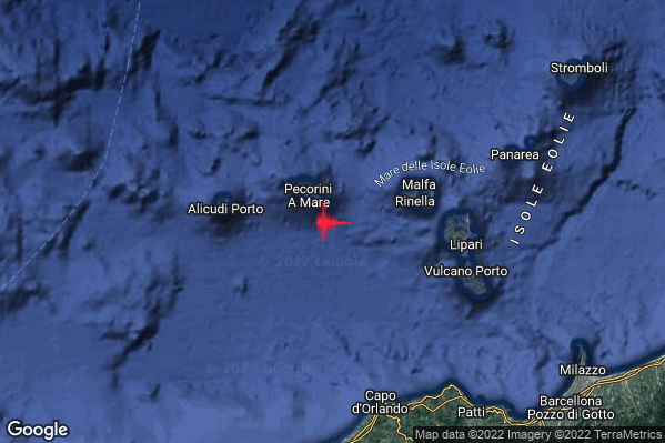 Lieve Terremoto M2.2 epicentro Isole Eolie (Messina) alle 12:00:02 (11:00:02 UTC)
