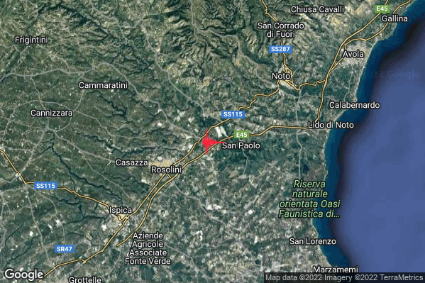 Leggero Terremoto M2.9 epicentro 5 km NE Rosolini (SR) alle 04:46:28 (03:46:28 UTC)