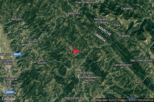 Leggero Terremoto M2.8 epicentro 5 km N Pietralunga (PG) alle 05:47:21 (04:47:21 UTC)