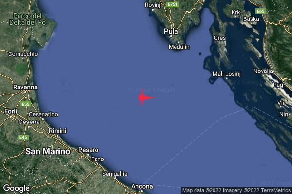 Leggero Terremoto M3.2 epicentro Adriatico Settentrionale (MARE) alle 14:41:49 (13:41:49 UTC)
