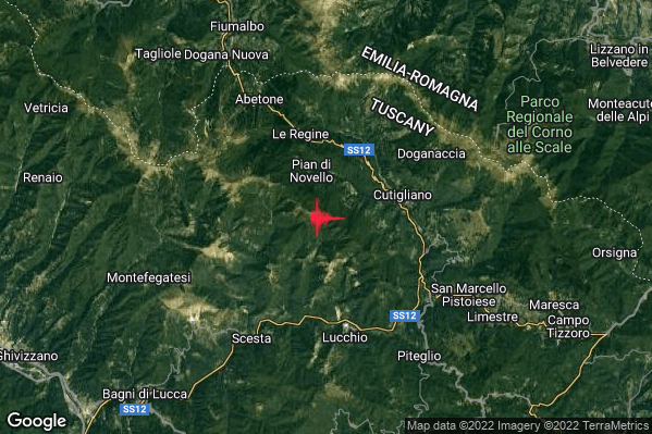 Lieve Terremoto M2.1 epicentro 4 km W Cutigliano (PT) alle 07:50:45 (06:50:45 UTC)