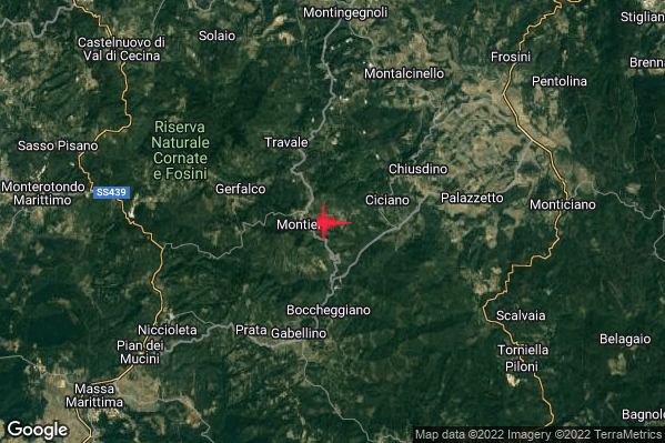 Lieve Terremoto M2.1 epicentro 1 km E Montieri (GR) alle 09:55:38 (08:55:38 UTC)