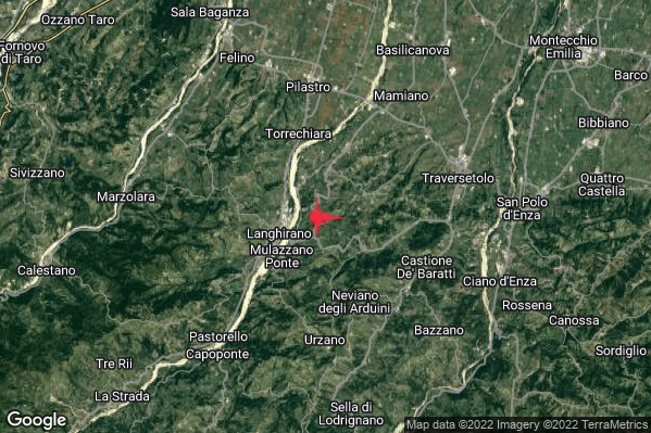 Lieve Terremoto M2.2 epicentro 2 km E Langhirano (PR) alle 23:59:35 (22:59:35 UTC)