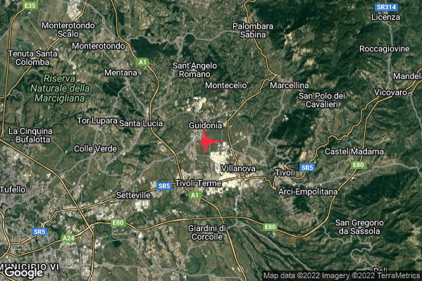 Debole Terremoto M2.5 epicentro 2 km S Guidonia Montecelio (RM) alle 02:25:08 (01:25:08 UTC)