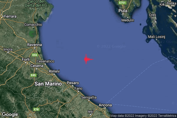Debole Terremoto M2.7 epicentro Adriatico Settentrionale (MARE) alle 18:32:17 (17:32:17 UTC)