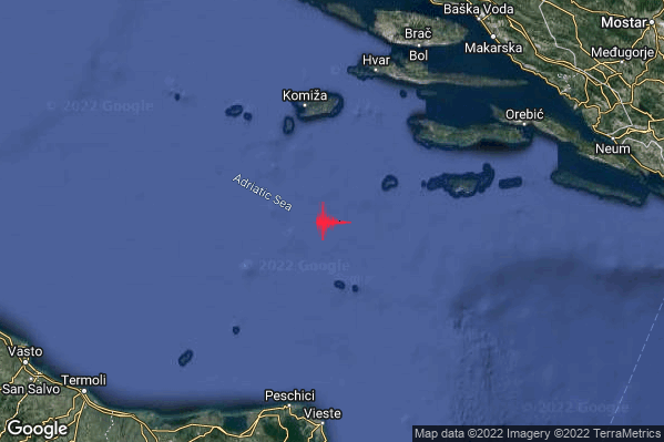 Leggero Terremoto M2.8 epicentro Adriatico Centrale (MARE) alle 22:48:12 (21:48:12 UTC)