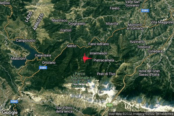Lieve Terremoto M2.2 epicentro 3 km W Pietracamela (TE) alle 23:27:23 (22:27:23 UTC)