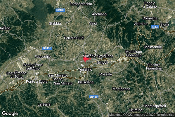 Lieve Terremoto M2.2 epicentro 3 km W Empoli (FI) alle 05:31:45 (04:31:45 UTC)