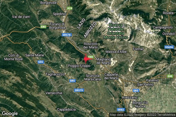 Debole Terremoto M2.4 epicentro 3 km W Magliano de' Marsi (AQ) alle 15:04:48 (14:04:48 UTC)