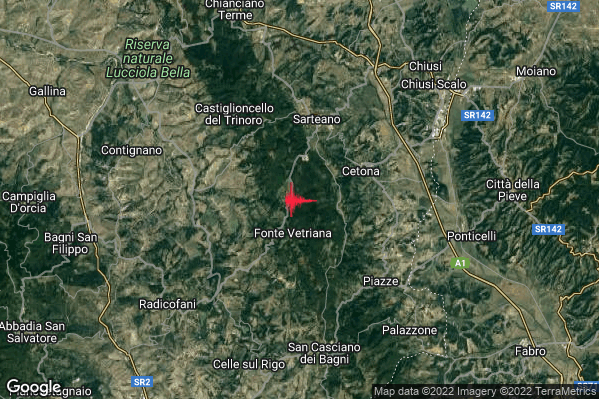 Lieve Terremoto M2.0 epicentro 4 km W Cetona (SI) alle 19:48:45 (18:48:45 UTC)
