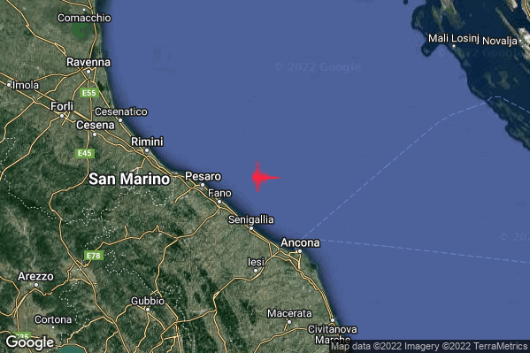 Lieve Terremoto M2.1 epicentro Costa Marchigiana Pesarese (Pesaro-Urbino) alle 22:19:10 (21:19:10 UTC)