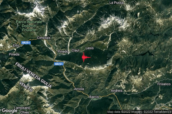 Leggero Terremoto M2.8 epicentro 2 km SE Claut (PN) alle 05:59:18 (04:59:18 UTC)